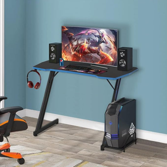 BestOffice Gmaing Desk Z Shaped 39.4in Computer Gaming Workstation Ergonomic Gaming Table with Headphone Hook for Game Players, Blue