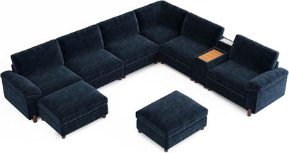 SITJOY Large Cloud Couch, 138" Wide 8 Seat V Shaped with Console, Navy Blue | Detachable and Washable Chenille Cover Sectional Sofas for Living Room, Deep Seat Wide Couch with Chaise, Storage Ottoman