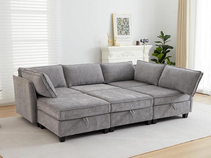 ORRD Sleeper Modular Sectional Sofa Set, Convertible Couch Bed with Storage, 6 Seater and 3 Armrestes Sofa Modular for Living Room, Office (Grey)
