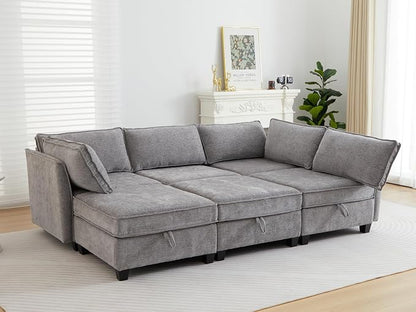 ORRD Sleeper Modular Sectional Sofa Set, Convertible Couch Bed with Storage, 6 Seater and 3 Armrestes Sofa Modular for Living Room, Office (Grey)