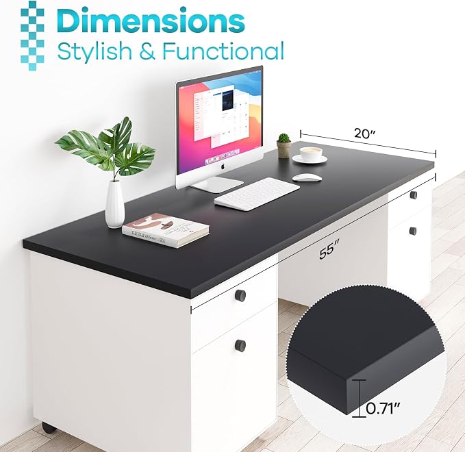 Kaboon 55x20 inch Black Table Top, One-Piece Desktop, Reversible Laminate Countertop, Double Desks, L-Desk DIY