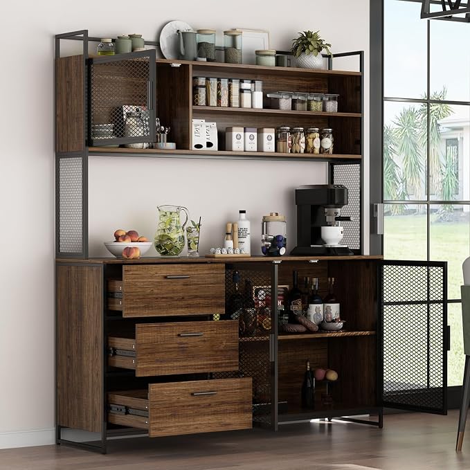 AIEGLE Large Kitchen Hutch Storage Cabinet, Pantry Cabinets with Hutch, Metal Frame Cupboard with Mesh Door, Drawer & Microwave Shelf, Freestanding Kitchen Storage, Brown (59" W x 15.7" D x 68.5" H)