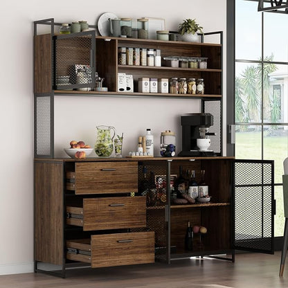 AIEGLE Large Kitchen Hutch Storage Cabinet, Pantry Cabinets with Hutch, Metal Frame Cupboard with Mesh Door, Drawer & Microwave Shelf, Freestanding Kitchen Storage, Brown (59" W x 15.7" D x 68.5" H)