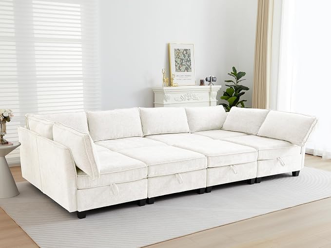 ORRD Oversize Sleeper Modular Sectional Sofa Set, Convertible Couch Bed with Storage, 8 Seater Sofa Modular for Living Room, Office (Beige)
