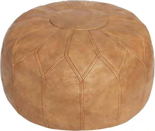 Thgonwid Unstuffed Moroccan Faux Leather Pouf Ottoman Cover with Storage - Boho Chic Multi-Use Footrest for Living Room, Bedroom, Patio - Round Ethnic Floor Cushion & Decorative Accent, Khaki