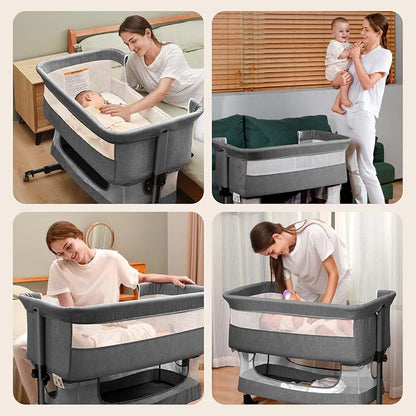 Soobaby 3 in 1 Baby Crib,Bassinet Bedside Crib Adjustable Portable Bed for Infant,Baby Newborn Must Have Bed,Grey