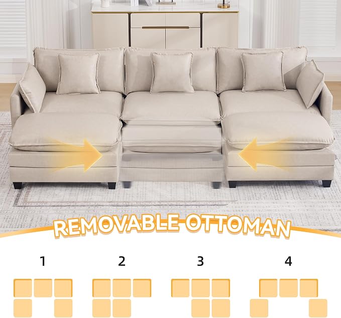 111'' Sectional Cloud Deep Seat Couch, Oversized Leather U Shaped Sectional Sofa for Living Room Set, Comfy Upholstered Modular 5-Seats Sectional Sofa Couch with 2 Movable Ottoman, Leather Beige