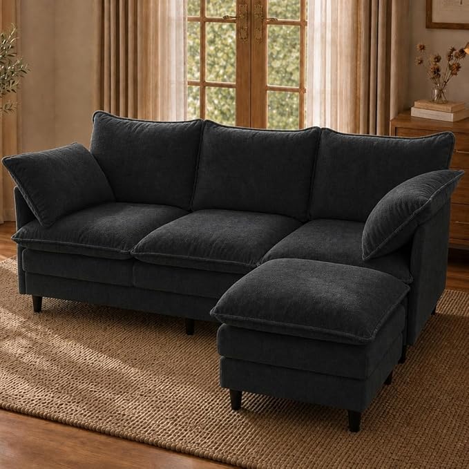 Convertible Sectional Sofa, 69" Small Cloud L-Shaped 3-Seat Couch with Movable Ottoman & Curved Armrest, Modern Chenille Fabric for Living Room, Apartment and Small Space, Black