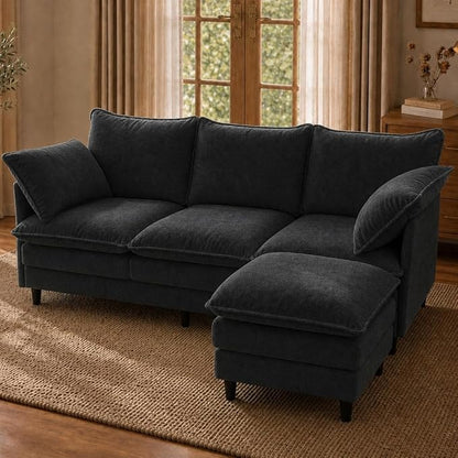 Convertible Sectional Sofa, 69" Small Cloud L-Shaped 3-Seat Couch with Movable Ottoman & Curved Armrest, Modern Chenille Fabric for Living Room, Apartment and Small Space, Black