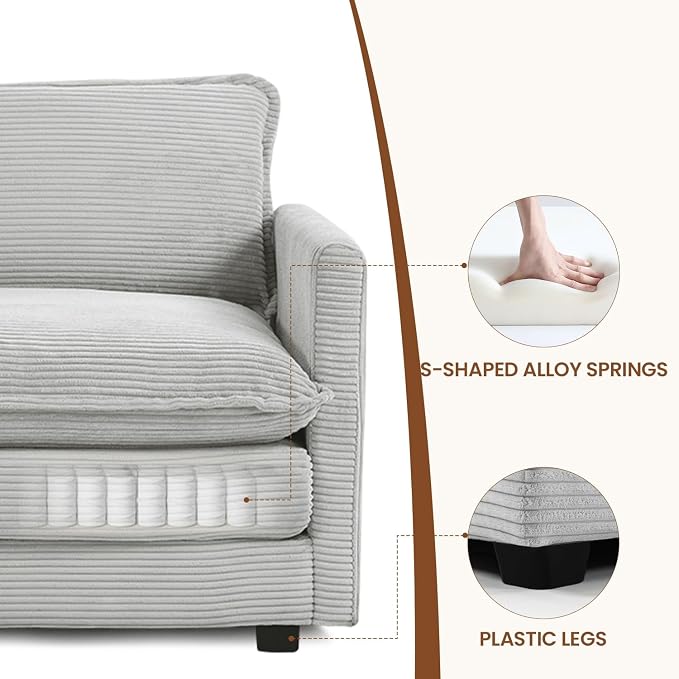 ROWHY Single Armchair with Ottoman, Modern Corduroy Cloud Couch with Convertible Chaise, Upholstered Sofa Set for Living Room, Light Grey