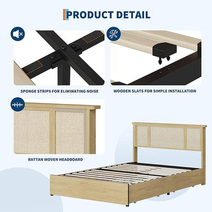 IDEALHOUSE Full Bed Frame with Natural Rattan Headboard, Slats, Bohemian-Style Cane Mattress Support, Strong Metal Base with Resilient Wooden, No Box Spring Needed