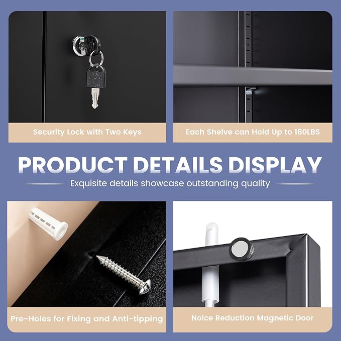 36" H Metal Storage Cabinet, Black Metal Cabinet with 2 Lockable Doors and 2 Adjustable Shelves, Garage Storage Cabinet for Home Office, Garage, School, Apartment, Warehouse