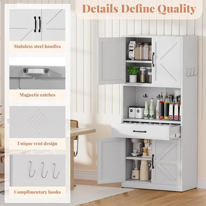 72" H White Steel Kitchen Pantry Storage Cabinet with Countertop | Metal Farmhouse Cabinets for Living Room, Bathroom, Heavy Duty Rustic Pantry