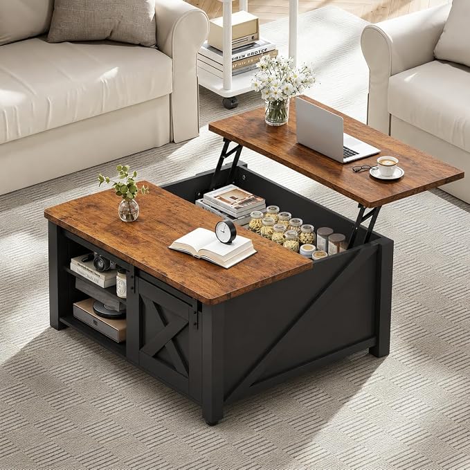 Simple Deluxe Lift Top Coffee Table with Storage, Farmhouse Coffee Table for Living Room, Coffee Tables with Hidden Storage, Coffee Tables with Lifting Top Center Table for Living Room (Black)