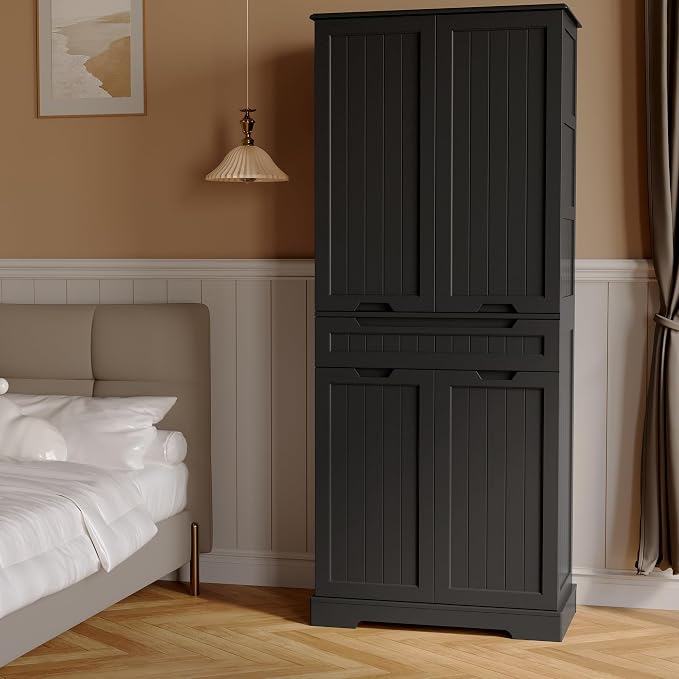 Gizoon 70" Tall Kitchen Pantry Cabinet with Doors and Adjustable Shelves, 5-Tier Multipurpose Pantry Storage Cabinet with Drawer Freestanding Organizer for Small Kitchen Bathroom Laundry Room, Black