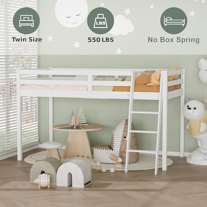 VINGLI 47'' Tall Junior Low Loft Bed with Stairs, White Wood Loft Bed Twin Size for Adults, Kids and Young Teens, No Box Spring Required,Wood Slat Support