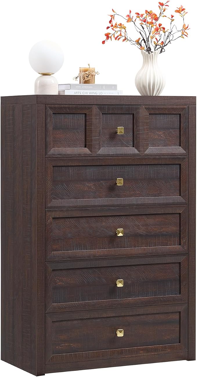 5 Drawers Dresser for Bedroom, 45.7" Tall Large Dresser & Chests of Drawers with Metal Handle, Clothes Storage Organizer w/Natural Texture for Bedroom, Living Room, Brown