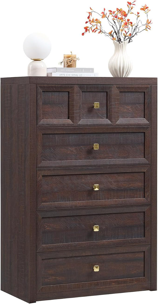5 Drawers Dresser for Bedroom, 45.7" Tall Large Dresser & Chests of Drawers with Metal Handle, Clothes Storage Organizer w/Natural Texture for Bedroom, Living Room, Brown