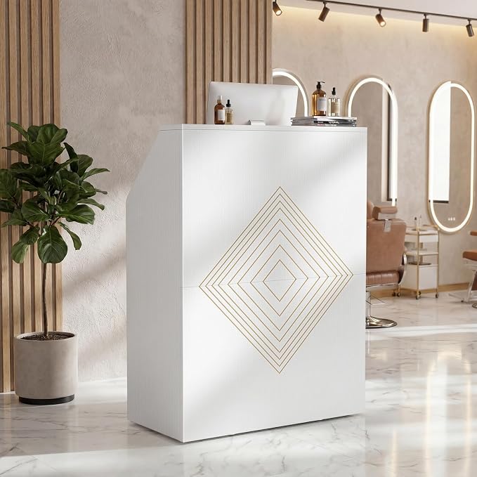 31.5 Inch Small White Reception Desk with Drawer for Salon Front Modern Standing Receptionist Room Tables Checkout Counter for Office