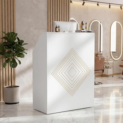 31.5 Inch Small White Reception Desk with Drawer for Salon Front Modern Standing Receptionist Room Tables Checkout Counter for Office