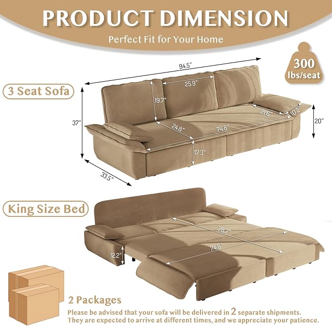 94.5'' Sleeper Sofa Bed King Size, Modern Corduroy Pull Out Couch, 3-in-1 Convertible Futon Sofa, 3 Seater Couches, Cloud Recliner, Pillow Arm, for Living Room, Apartment, RV, Offices, Camel