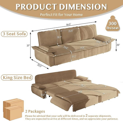 94.5'' Sleeper Sofa Bed King Size, Modern Corduroy Pull Out Couch, 3-in-1 Convertible Futon Sofa, 3 Seater Couches, Cloud Recliner, Pillow Arm, for Living Room, Apartment, RV, Offices, Camel