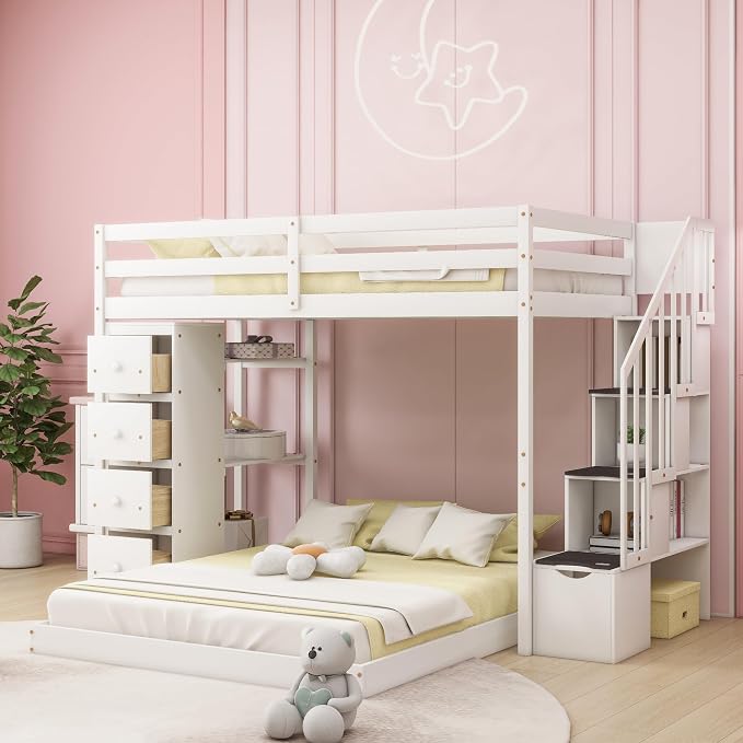 Ball & Cast Twin Over Full Bunk Bed with Safty Guardrail & Storage Stairs,Wood Bedframe W/ 3-Layer Shelves & Drawers,Easy Assembly,Space Saving,Compact Bedroom Furniture Set for Boy Girl Teens,White