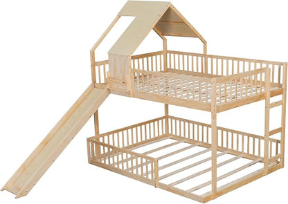 SOFTSEA House Bunk Bed with Slide, Full XL Over Queen Wood Floor Bunk Bed Frame with Roof, Guardrails and Ladder, Space-Saving, Natural