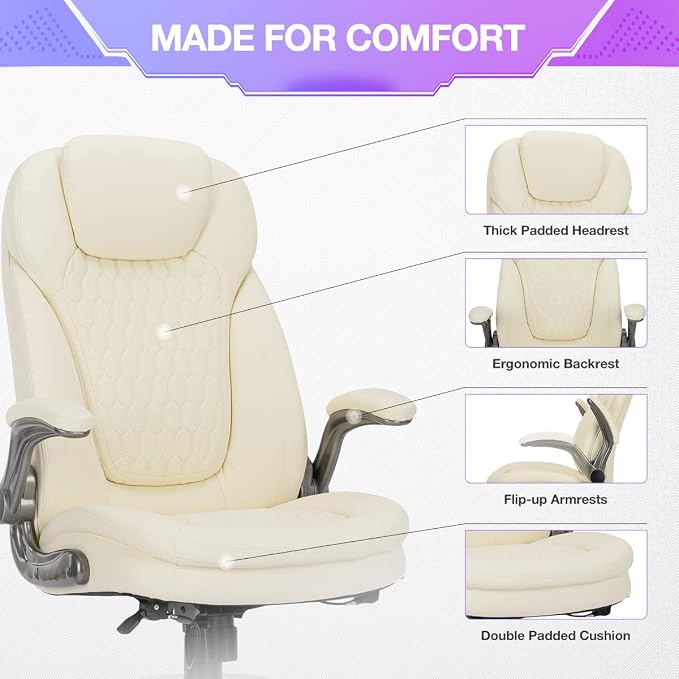 COLAMY Ivory Leather High Back Executive Office Chair, Ergonomic Desk Chair with Flip-up Arms, Thick Cushion, Silent Nylon Wheels, Adjustable Height & Rocking Function, 300lbs Capacity