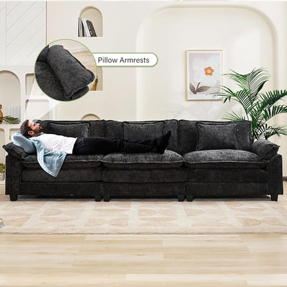 Oprisen 120" Modular Sectional Sofa, Comfy Cloud Couch Sectional Sofa, Chenille Sofa Sleeper Deep Seat Sofa with Throw Pillows for Living Room (Black, 120"- 3 Seater)