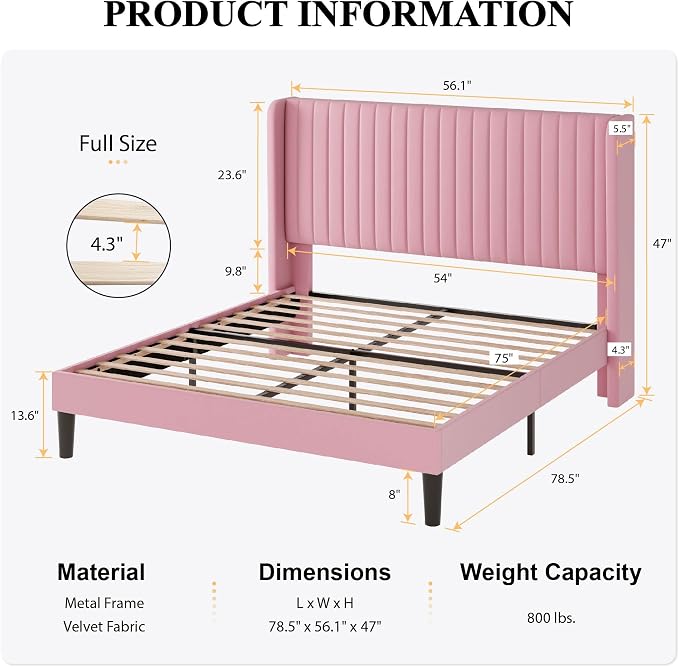 SHA CERLIN Full Size Velvet Bed Frame with Vertical Channel Tufted Wingback Headboard, Upholstered Platform Bed with Wood Slats, No Box Spring Needed, Easy Assembly, Pink