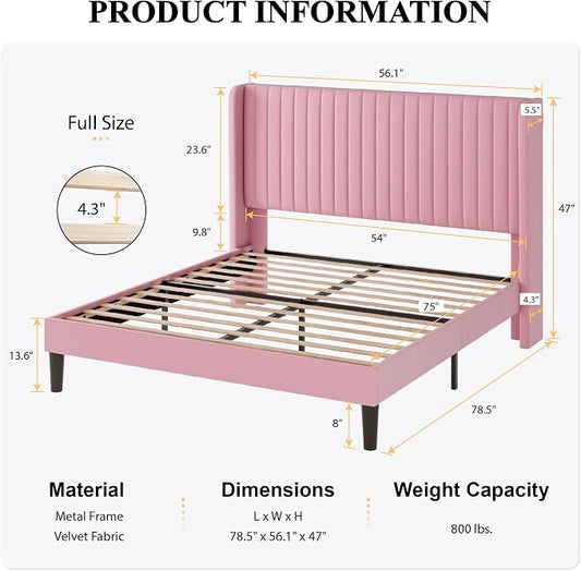 SHA CERLIN Full Size Velvet Bed Frame with Vertical Channel Tufted Wingback Headboard, Upholstered Platform Bed with Wood Slats, No Box Spring Needed, Easy Assembly, Pink