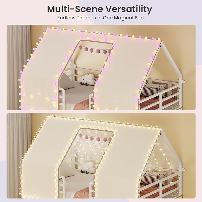 BTHFST Bunk Bed Twin Over Twin with Play Curtain, House Bunk Bed with LED Lights, Metal Kids Bunk Bed with Inclined Ladder and Guardrail, Space Saving, No Box Spring Needed, White