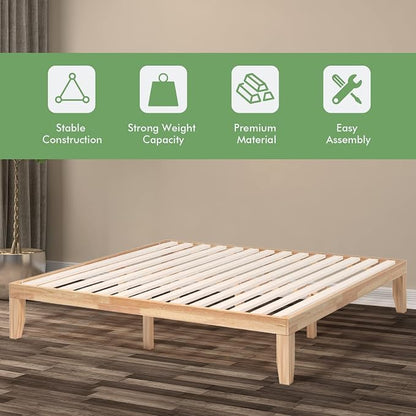 COSTWAY King Size Platform Bed Frame, 14 Inches Solid Rubber Wood Bed Mattress Foundation with Sturdy Slats Support, Easy Assembly Bed Frame for Home Hotel, No Box Spring Needed (Natural, King)