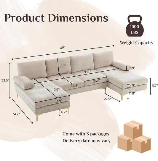 Karl home Convertible Sectional Sofa 110" U-Shape Sofa Couch 4-Seat Couch with Chaise ChenilleFabric Upholstered for Living Room, Apartment, Office, Camel