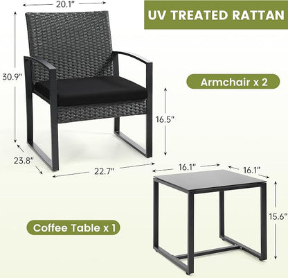 Murago 3-Piece Patio Bistro Set - Outdoor Rattan Conversation Chair Set with Glass Coffee Table & Cushions - Perfect for Balcony, Porch, Garden, Poolside, Black/Black