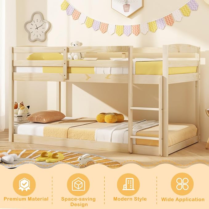 MAT EXPERT Bunk Bed Twin Over Twin, Low Wood Bunk Bed Frame w/Safety Guardrails, Ladder & Slats, Floor Platform Twin Bunk Beds for Kids Toddlers, for Dorm Bedroom, No Box Spring Needed (Natural)