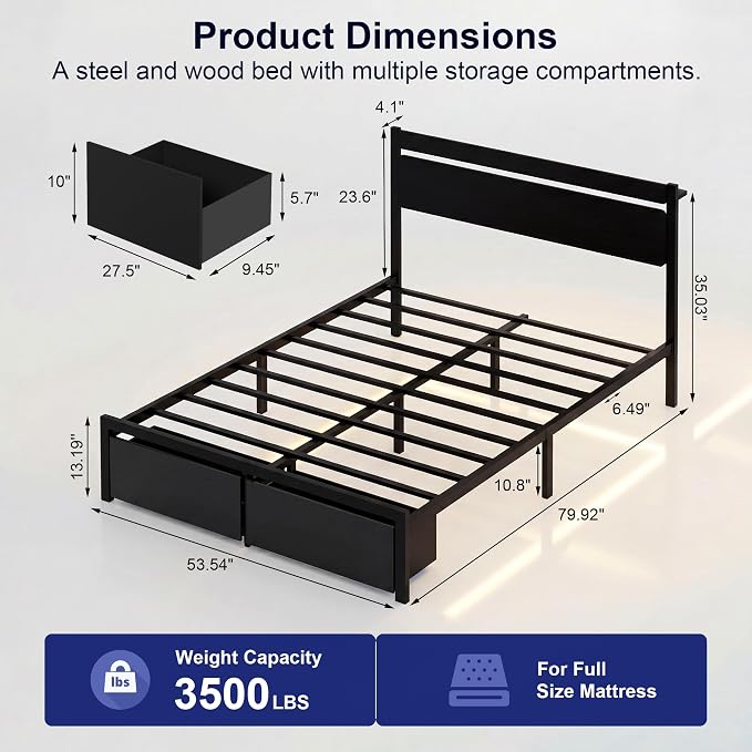 Full Bed Frame with Drawers, Platform Bed with LED Lights & Charging Station, Wood Headboard, Strong Metal Slats Support, No Box Spring Needed, Noise Free, Easy Assembly