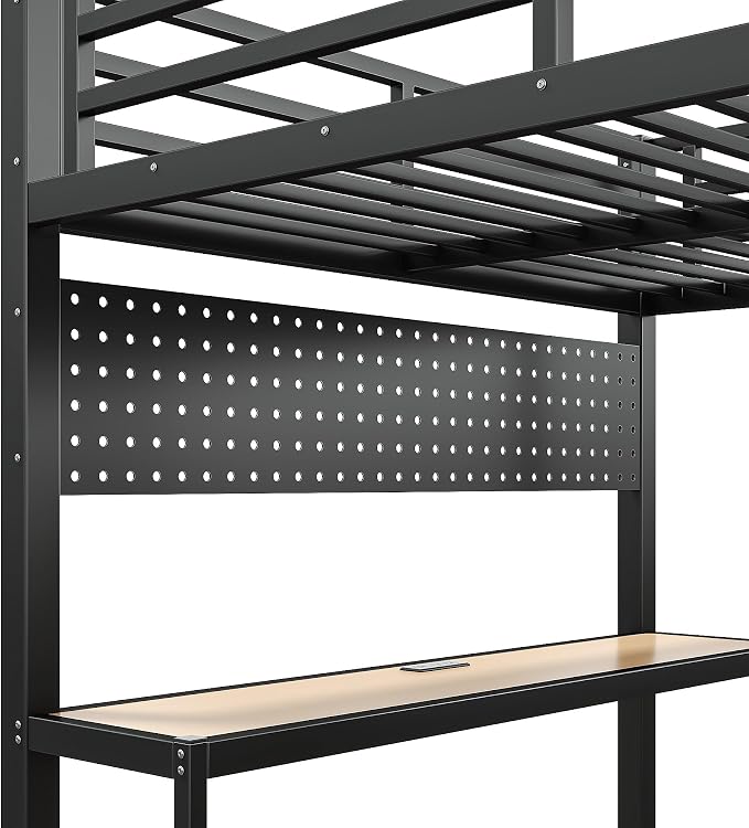 Bellemave Queen Size Loft Bed with Desk,with USB Ports, Lights, and Hanging Rod, Cave Board Design, Metal Queen Loft Bed Frame for Adults, Kids, Teens, Black