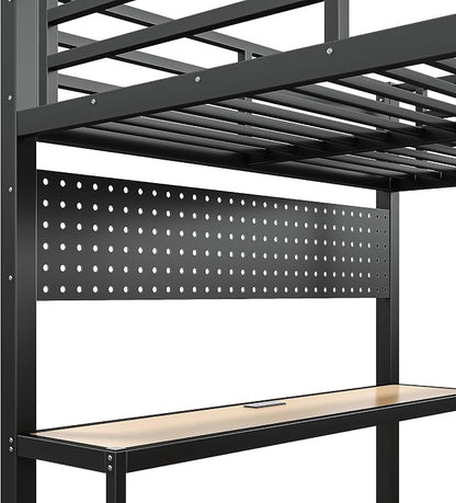 Bellemave Queen Size Loft Bed with Desk,with USB Ports, Lights, and Hanging Rod, Cave Board Design, Metal Queen Loft Bed Frame for Adults, Kids, Teens, Black