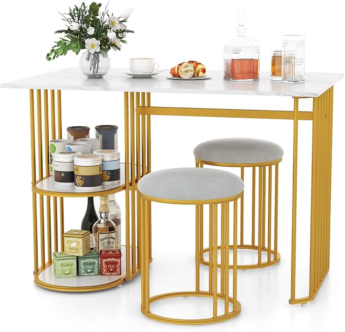 Giantex 3-Piece Dining Table Set for 2, Rectangular Kitchen Table with 2 Stools, 2-Tier Storage Shelf, Upholstered Seat, Faux Marble Top, Metal Frame, Dinette Desk, Breakfast Desk for Small Space