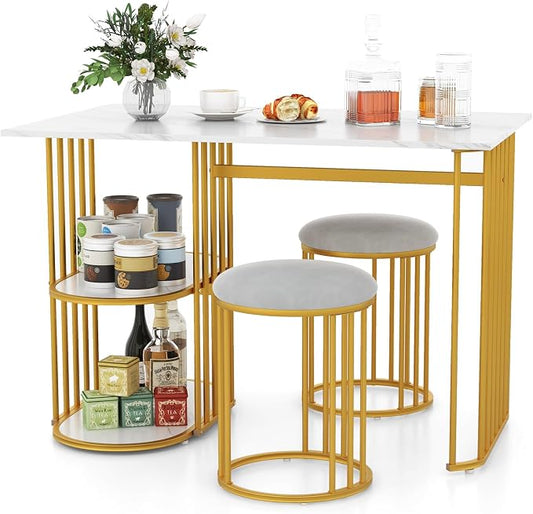 Giantex 3-Piece Dining Table Set for 2, Rectangular Kitchen Table with 2 Stools, 2-Tier Storage Shelf, Upholstered Seat, Faux Marble Top, Metal Frame, Dinette Desk, Breakfast Desk for Small Space