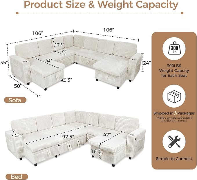 Modular Sectional Sleeper Sofa with Pull Out Bed, Plush Corduroy L Shaped Couch with Storage Chaise, USB Ports, Cup Holders, Comfy Cloud Couches for Living Room, Beige