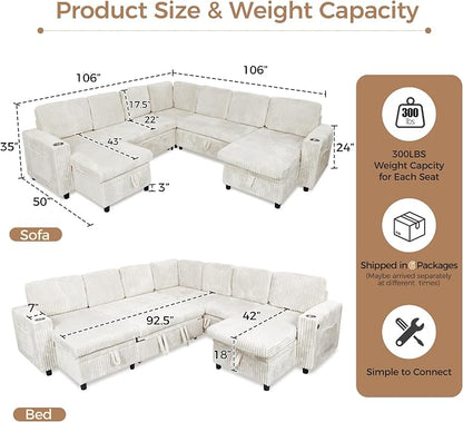 Modular Sectional Sleeper Sofa with Pull Out Bed, Plush Corduroy L Shaped Couch with Storage Chaise, USB Ports, Cup Holders, Comfy Cloud Couches for Living Room, Beige