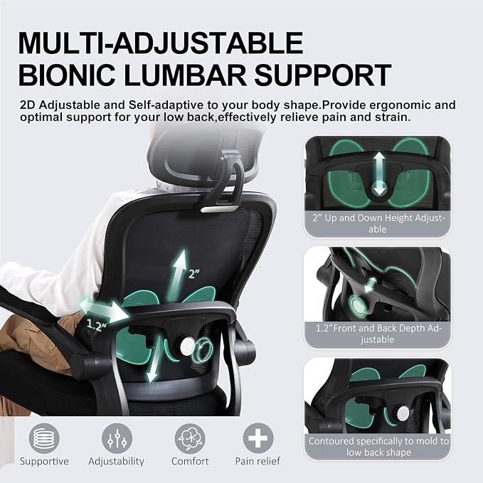 Ergonomic Office Chair,Ultra Thick Spring Cushion Desk Chair,Black | Adjustable Lumbar Support and Headrest,Flip-up Arms,Rocking Function,Mesh Home Office Computer Chair