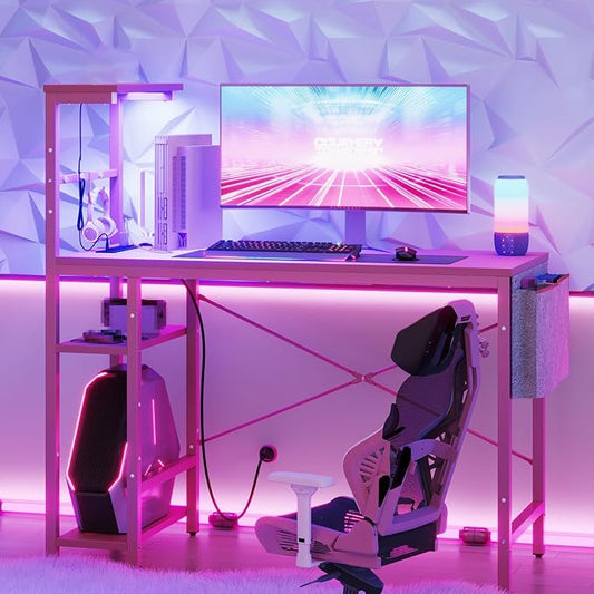 Bestier Pink Gaming Desk with Power Outlets, 44 Inch Led Gamer Desk with 4 Tiers Reversible Shelves, Computer Desk with Headset Hook & Side Storage Bag for Bedroom (Pink 3D Carbon Fiber)