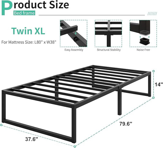 Lutown-Teen 14 Inch Twin XL Bed Frames Heavy Duty Sturdy Metal Platform Bed Frame No Box Spring Needed, Noise Free, Easy Assembly, Black