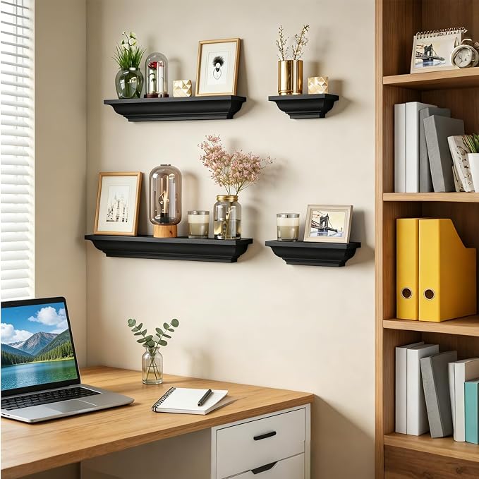 SRIWATANA Black Floating Shelves, Solid Wood Storage Wall Shelves Set of 4 Display Ledge Shelves Decor for Bedroom, Living Room, Bathroom, Kitchen - Black