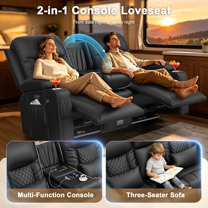 Power RV Loveseat Recliner Sofa, Reclining Loveseat with Flip Back Console, Home Theater Seating with USB Ports, Cup Holders, Wall Hugger Recliners for Movie Room, Black