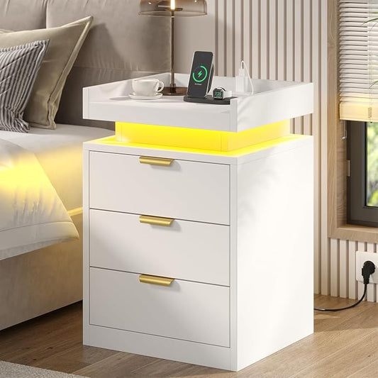 knoworld LED Nightstand with Charging Station & USB Ports, 3-Drawer Bedside Table with Adjustable RGB LED Lights, High-Gloss Modern Nightstands for Bedroom, White